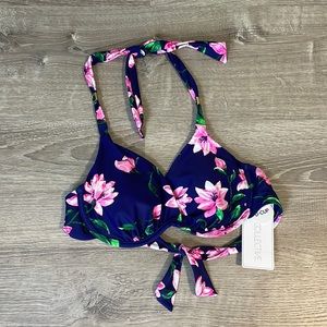Women’s sol Collective navy blue pink floral bikini top new 34D